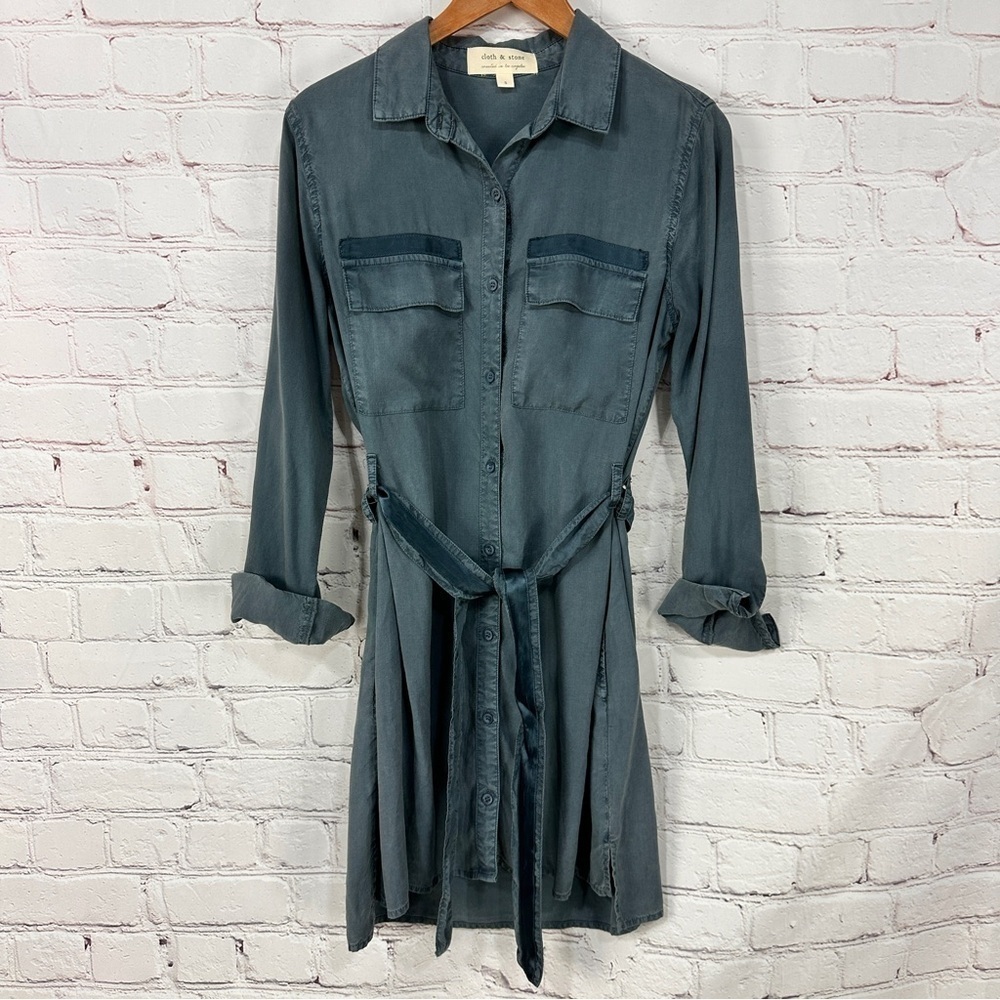 Anthropologie Cloth & Stone chambray utility shirt dress denim tie waist small - Picture 3 of 11